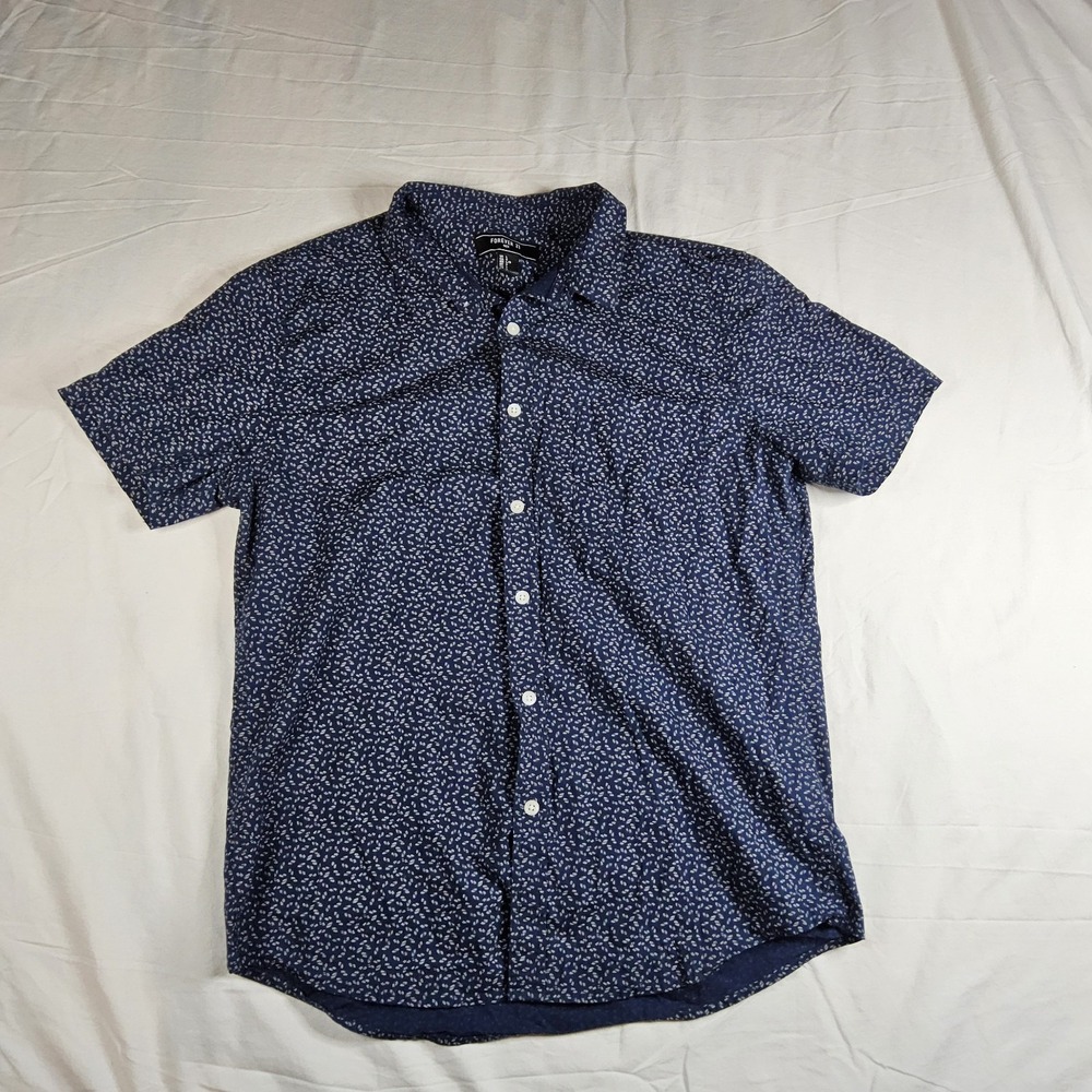 Forever 21 Mens Shirt Large Black White Button Up Short Sleeve Casual Slim Fit